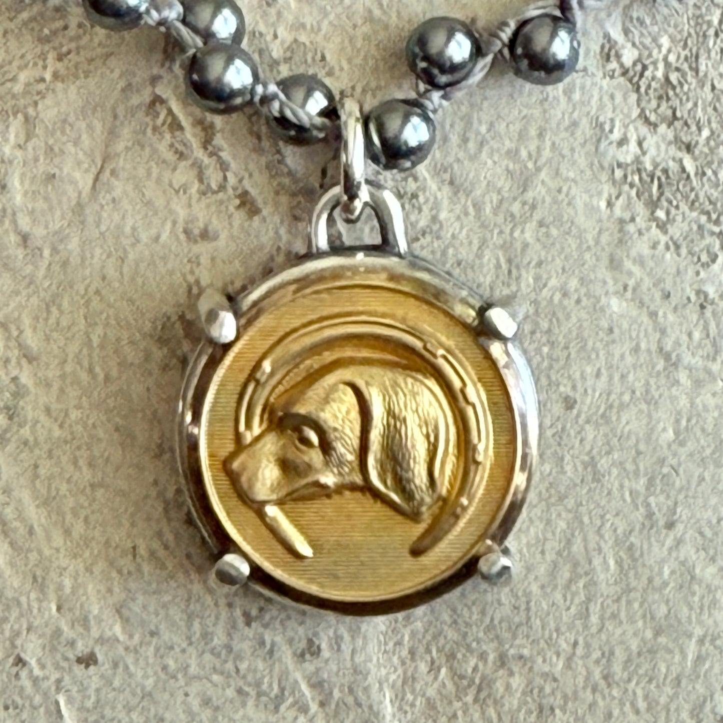 Gilded Brass Hound in Horseshoe Button Necklace