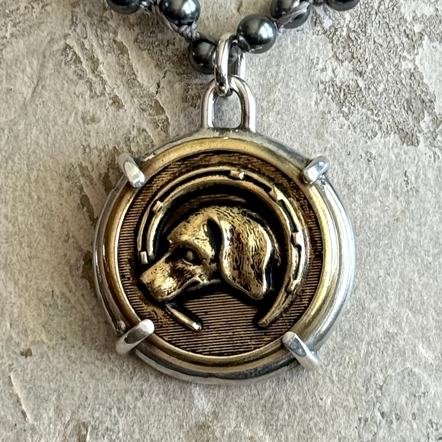 Vintage Brass Hound in Horseshoe Button Necklace