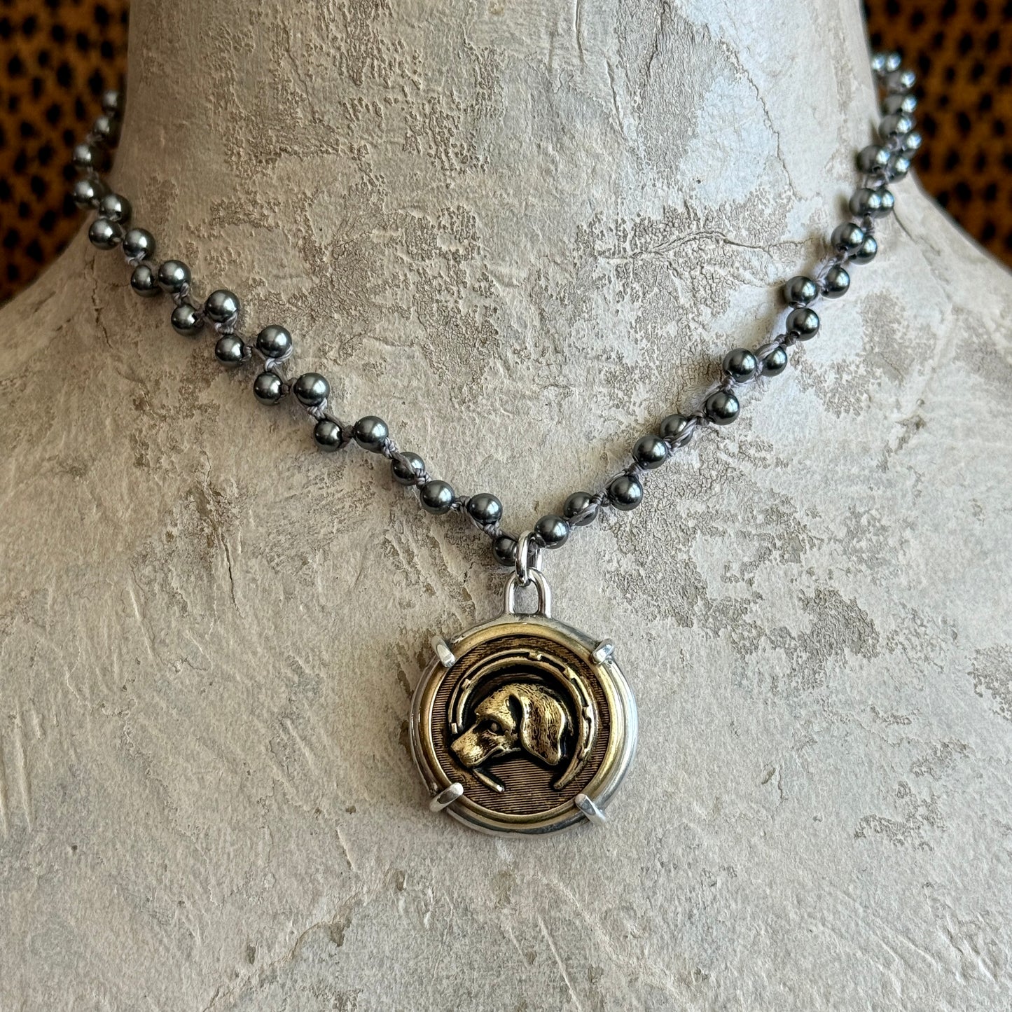 Vintage Brass Hound in Horseshoe Button Necklace