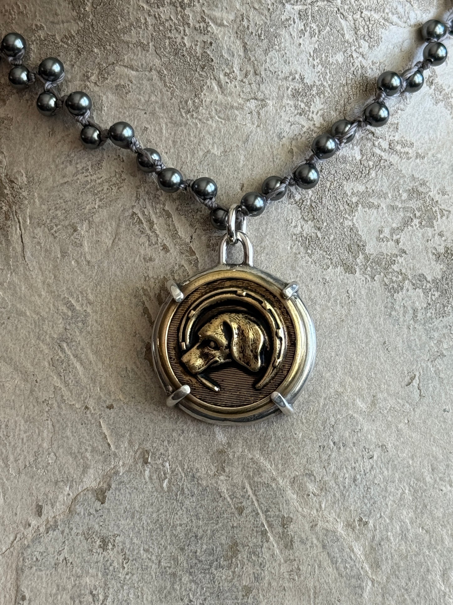 Vintage Brass Hound in Horseshoe Button Necklace