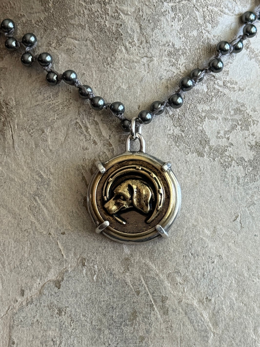 Vintage Brass Hound in Horseshoe Button Necklace