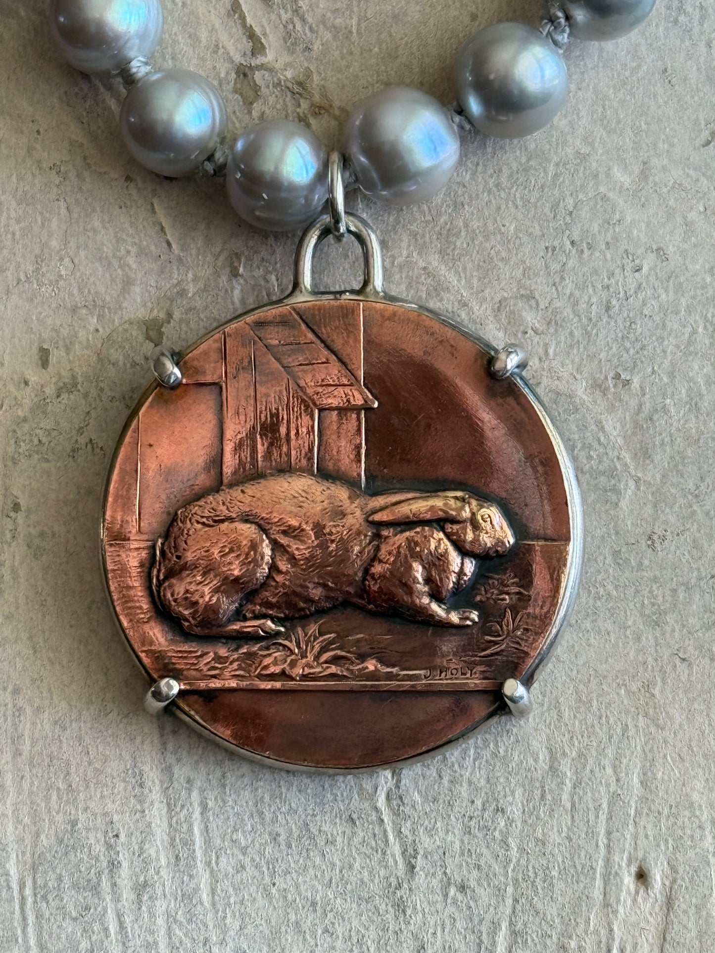 Vintage Copper Medal on Pearl Hare Necklace
