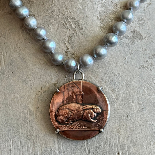 Vintage Copper Medal on Pearl Hare Necklace