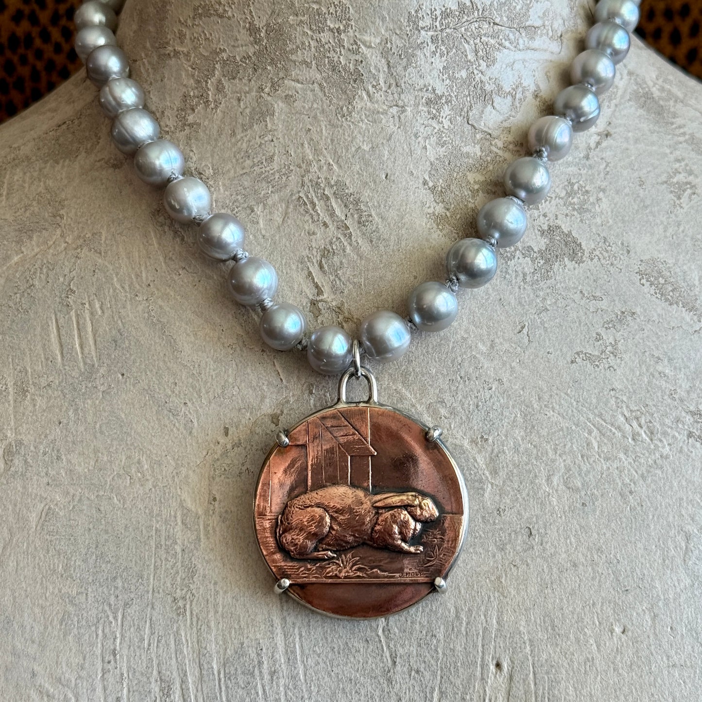 Vintage Copper Medal on Pearl Hare Necklace