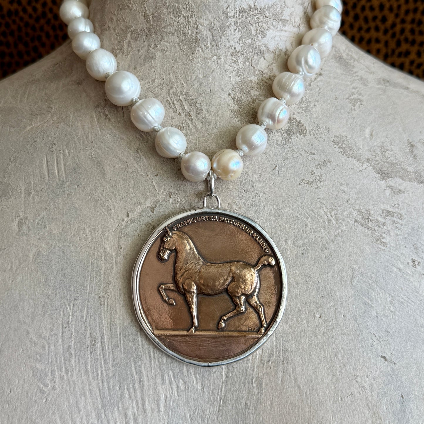 Large Frankfurt Riding School Bronze Medal on Pearl Necklace