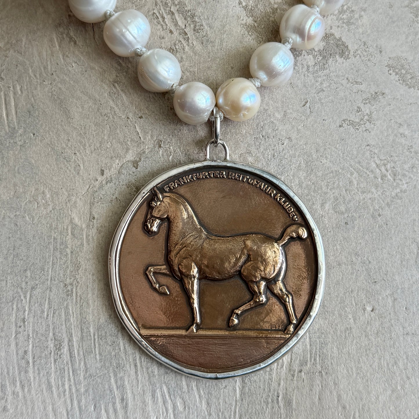 Large Frankfurt Riding School Bronze Medal on Pearl Necklace