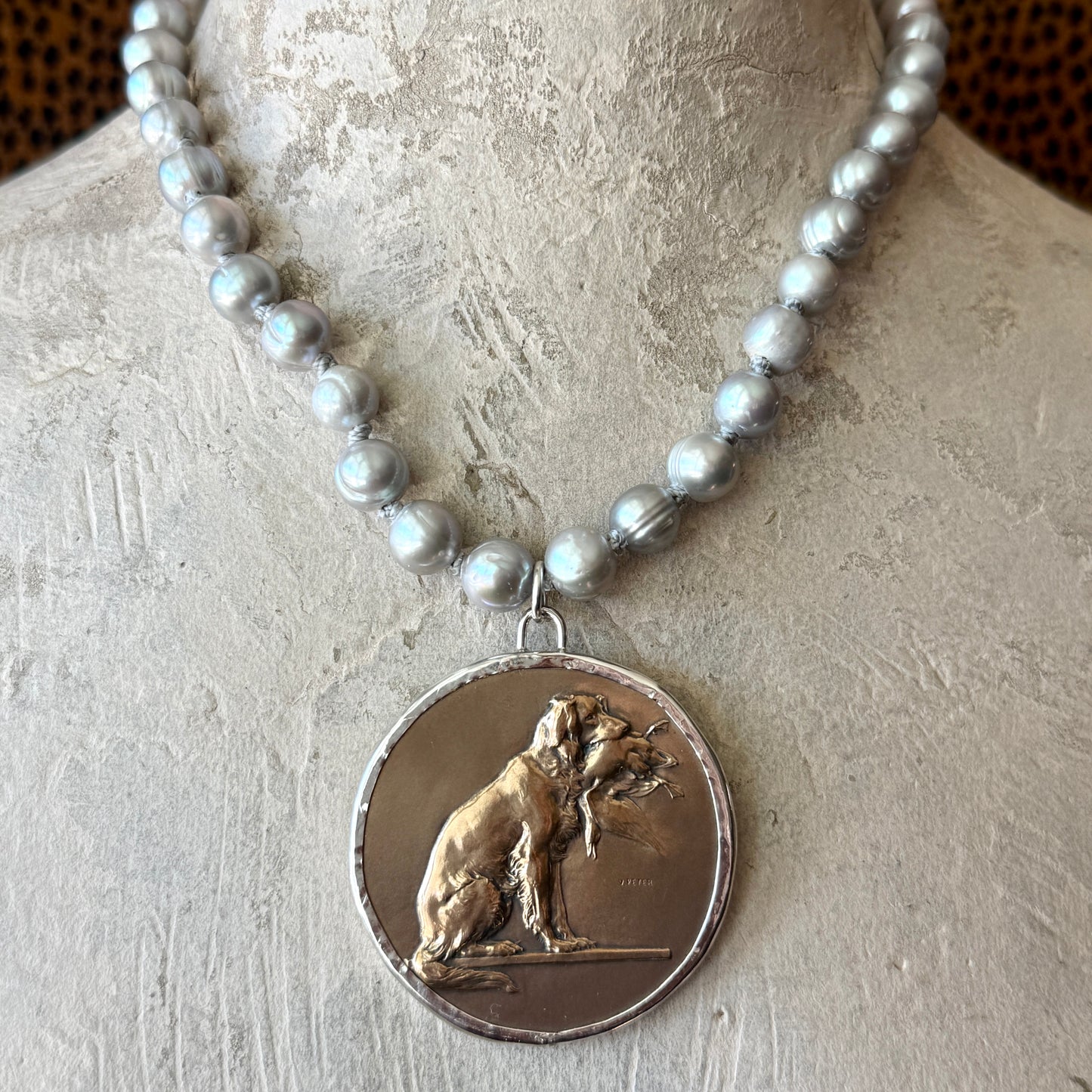 Bronze Retriever Dog Medal on Pearl Necklace