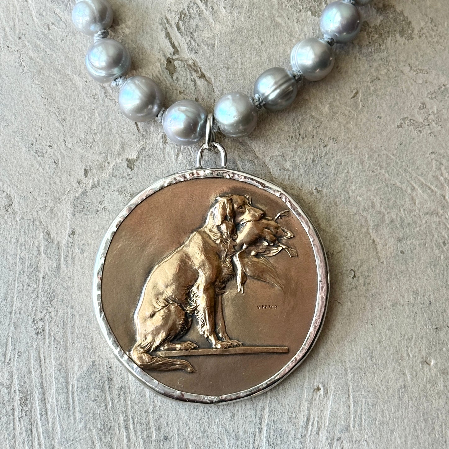Bronze Retriever Dog Medal on Pearl Necklace
