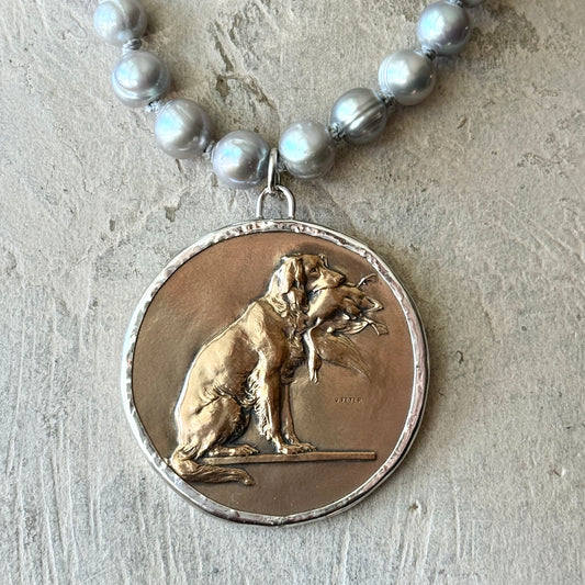 Bronze Retriever Dog Medal on Pearl Necklace
