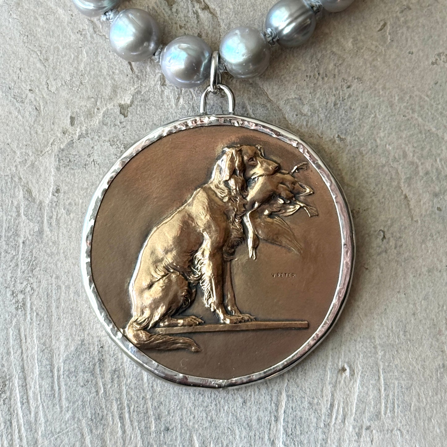 Bronze Retriever Dog Medal on Pearl Necklace