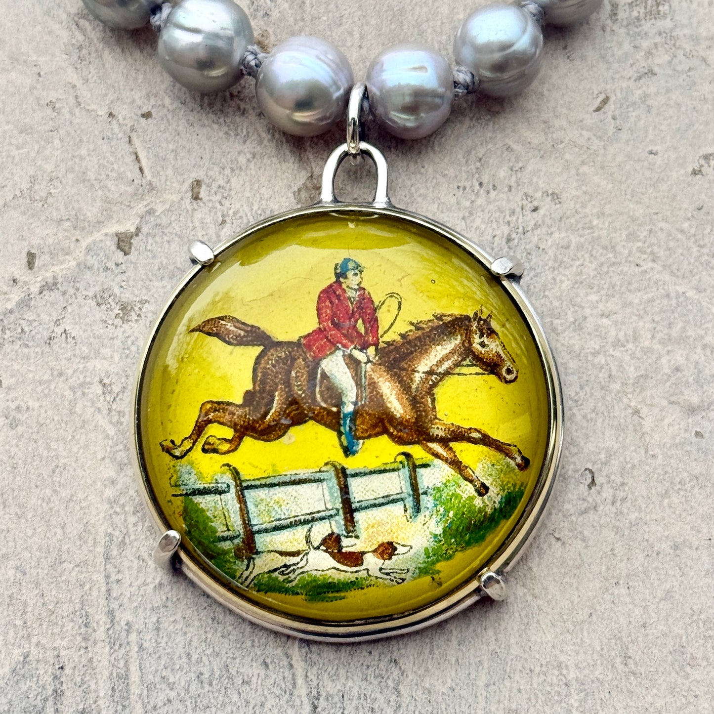 Vintage Yellow Hunter Horse Bridle Rosette on Pearl Necklace