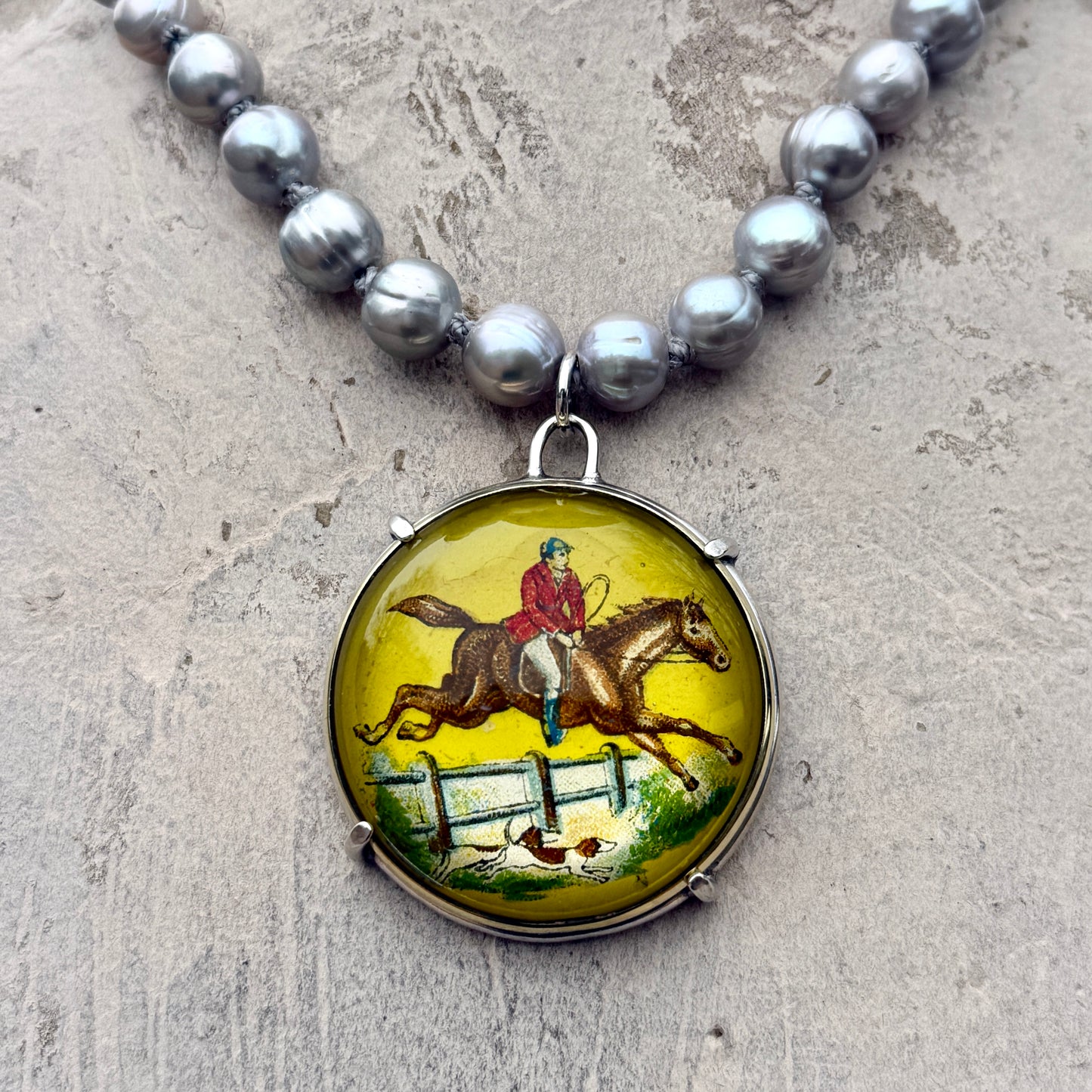 Vintage Yellow Hunter Horse Bridle Rosette on Pearl Necklace