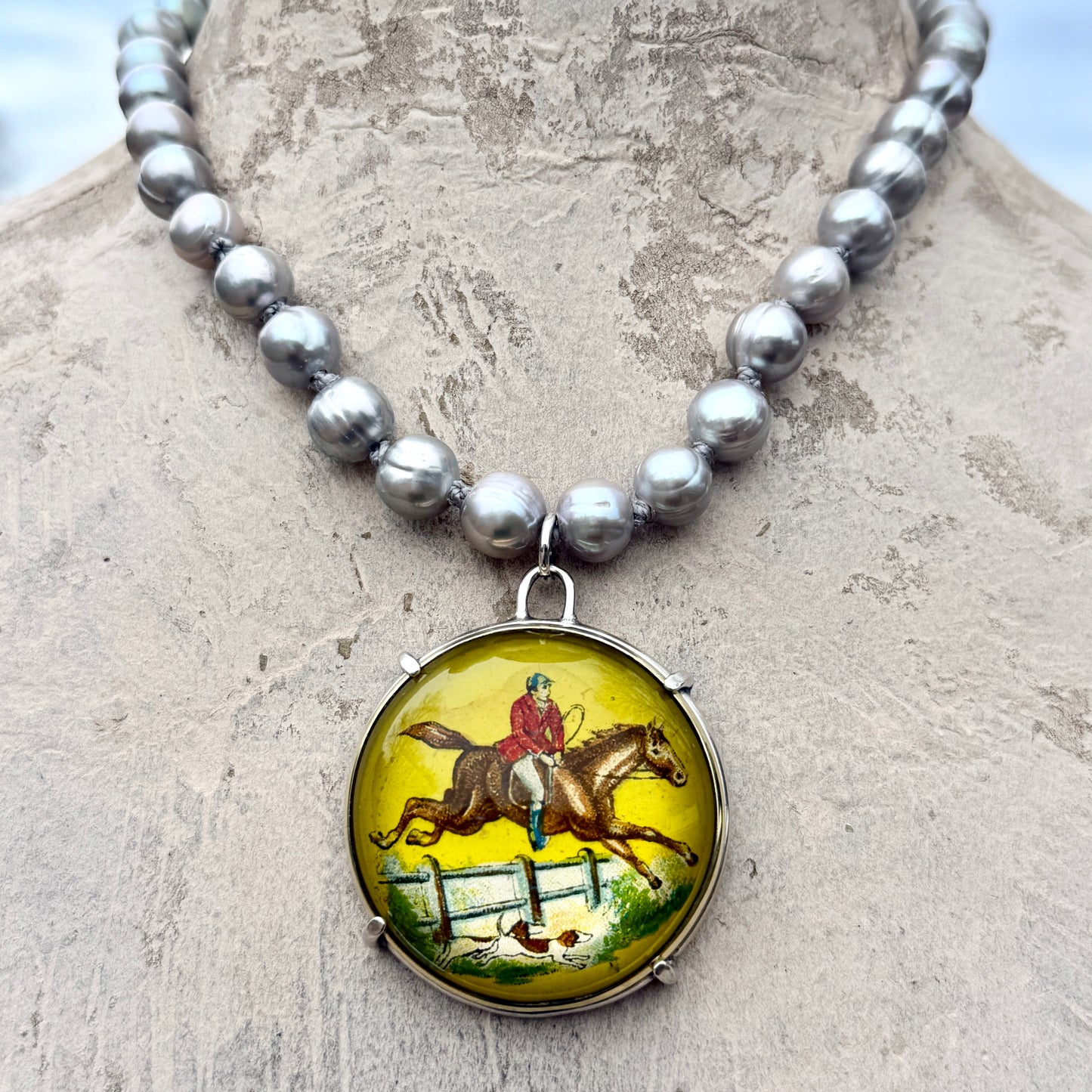 Vintage Yellow Hunter Horse Bridle Rosette on Pearl Necklace