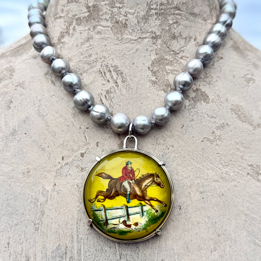 Vintage Yellow Hunter Horse Bridle Rosette on Pearl Necklace