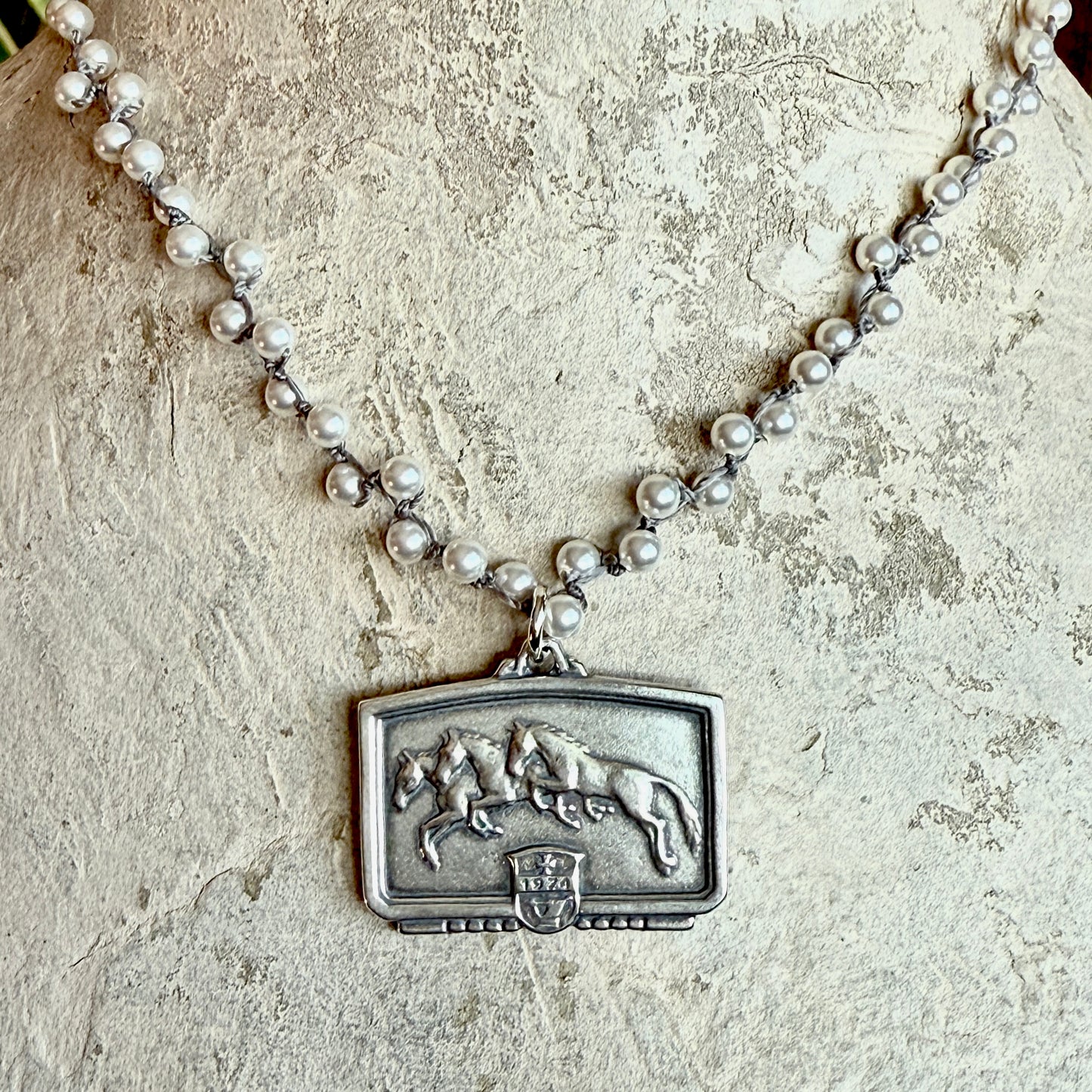 Sterling Silver Jockey Club Medal on Pearl Necklace