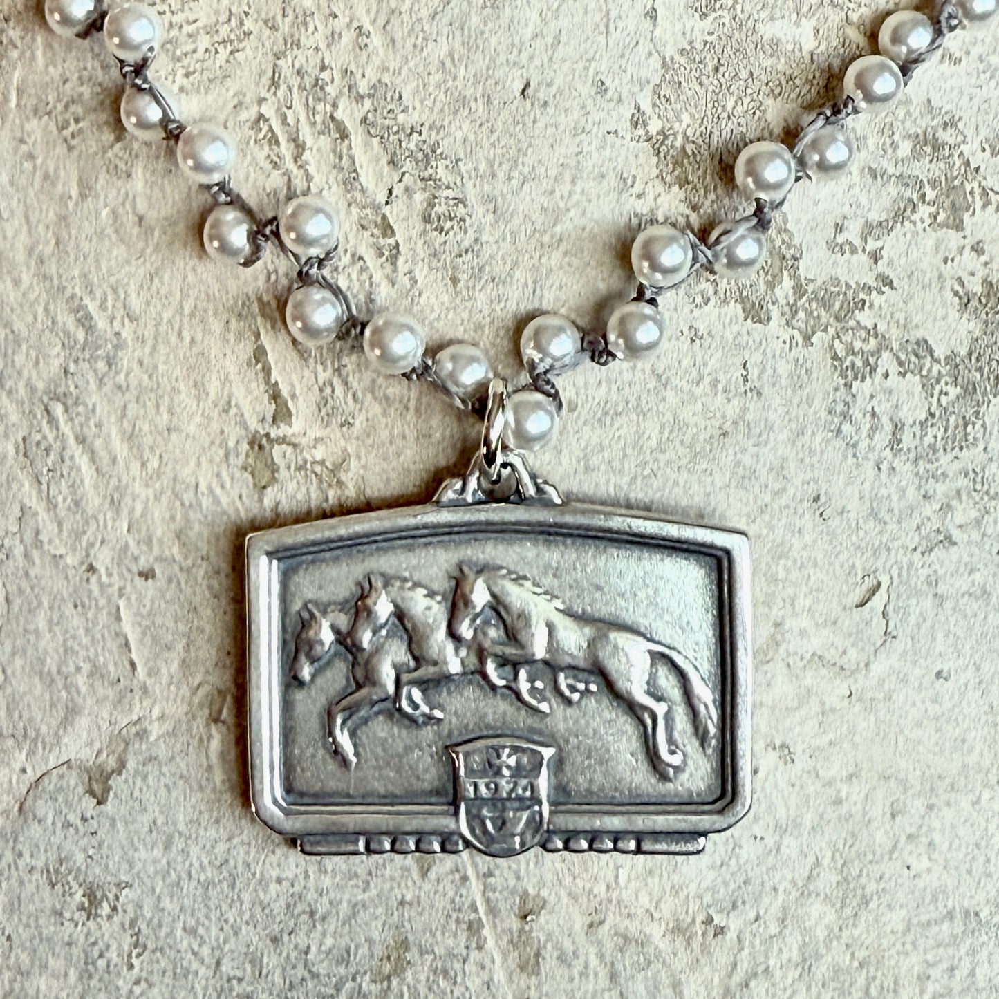 Sterling Silver Jockey Club Medal on Pearl Necklace