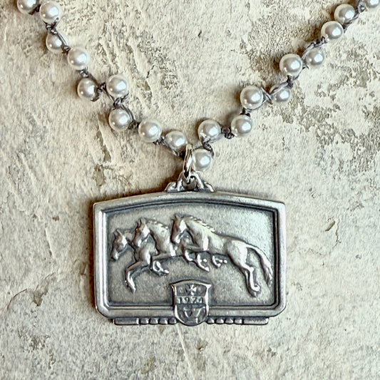 Sterling Silver Jockey Club Medal on Pearl Necklace