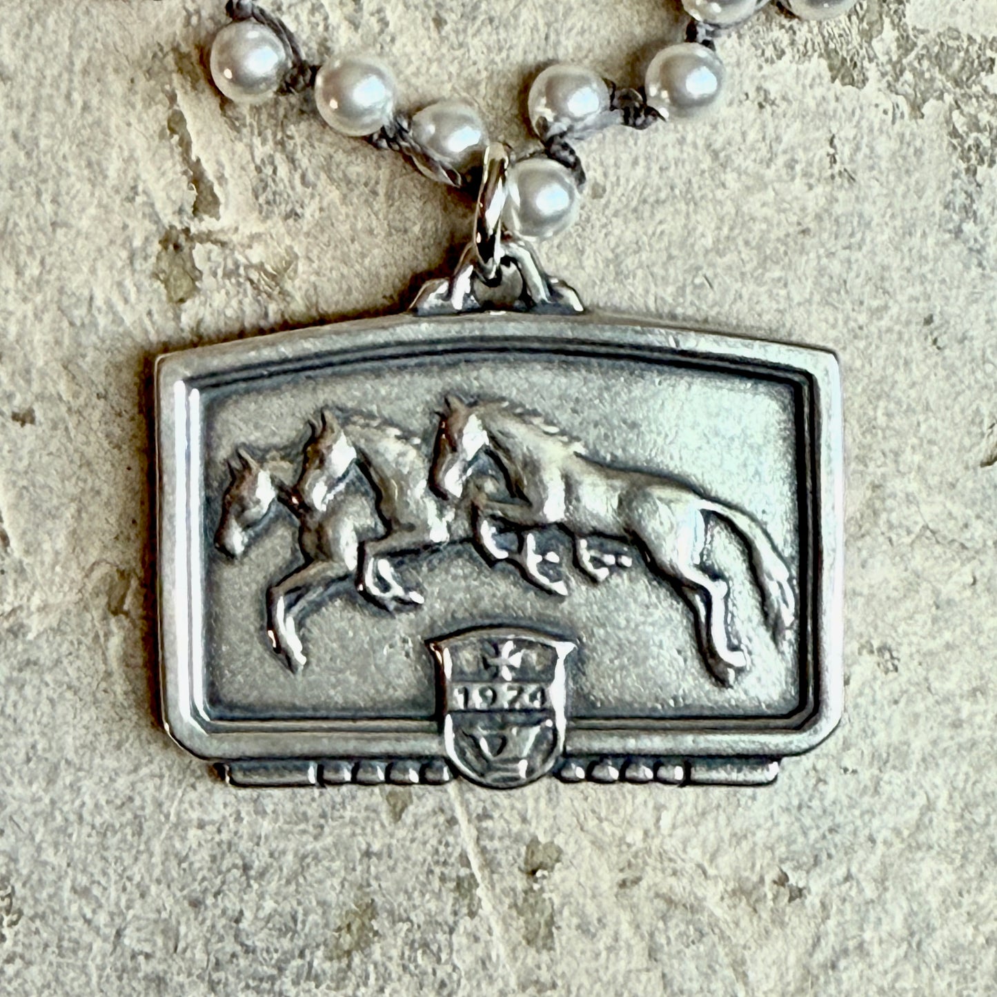 Sterling Silver Jockey Club Medal on Pearl Necklace