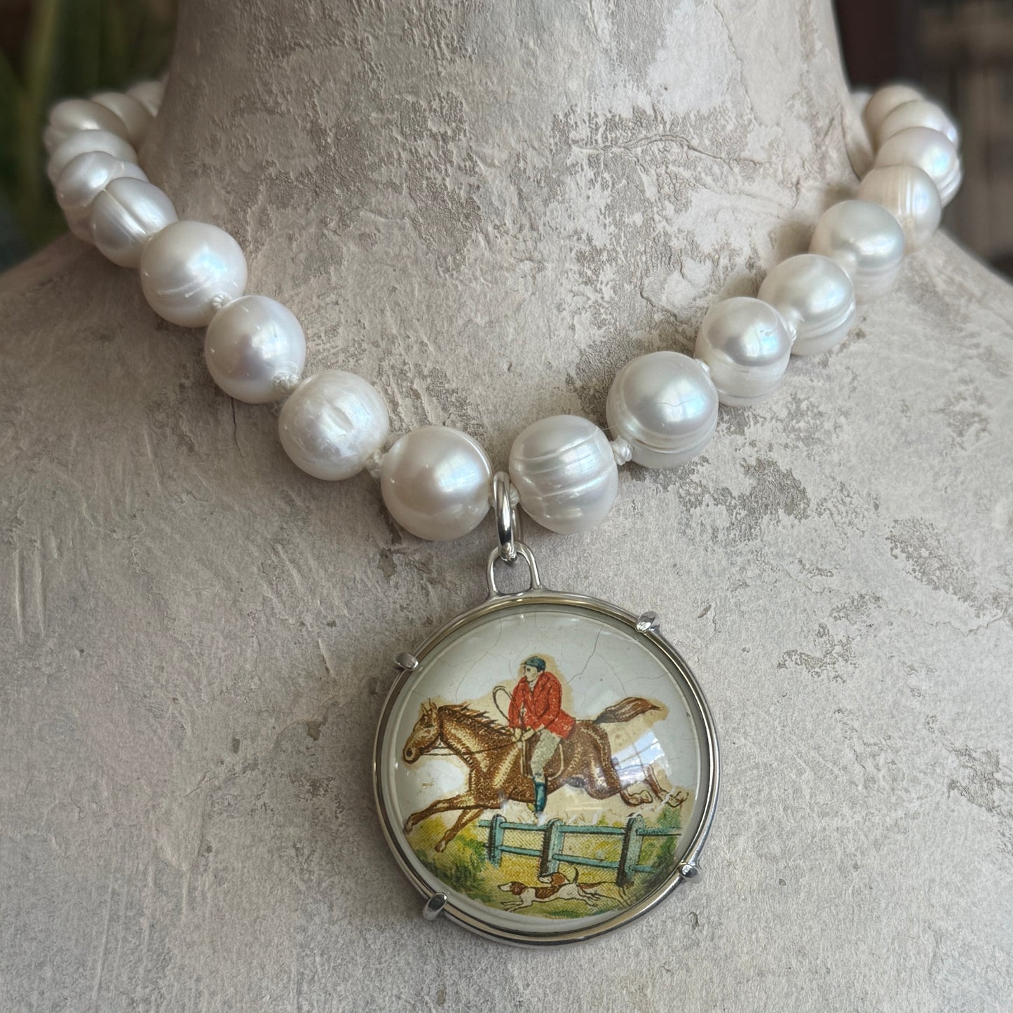 Vintage Horse Bridle Rosette on Pearl Necklace