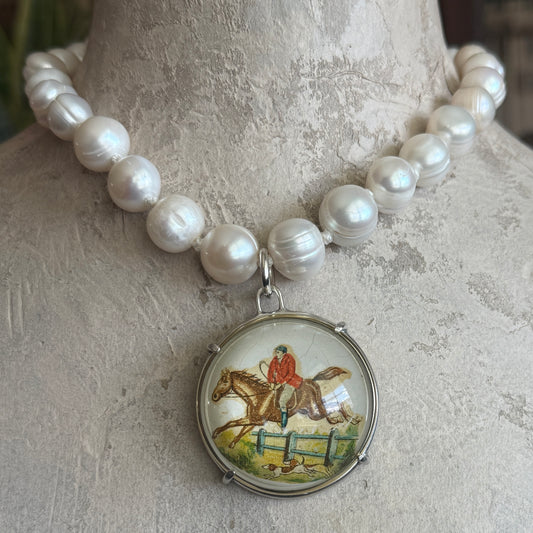 Vintage Horse Bridle Rosette on Pearl Necklace