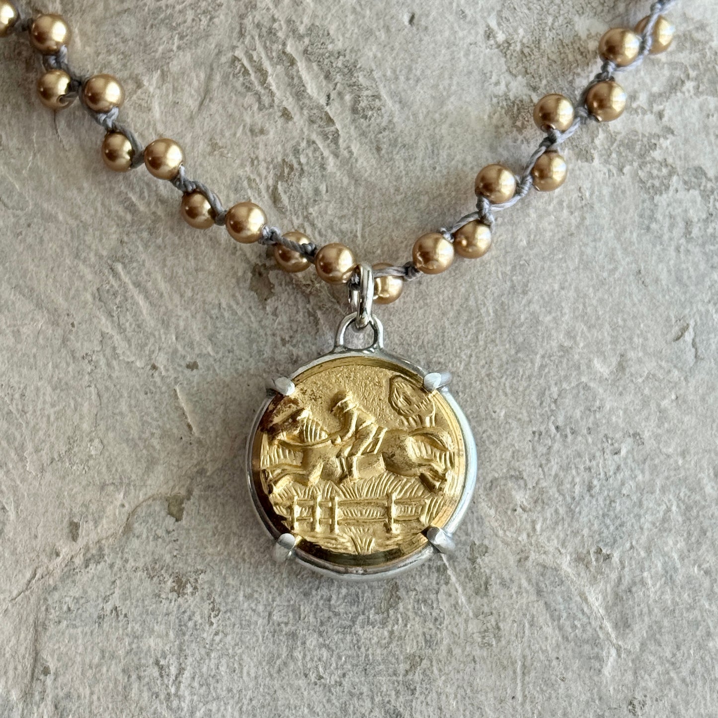 Satin Brass Horse Button Necklace
