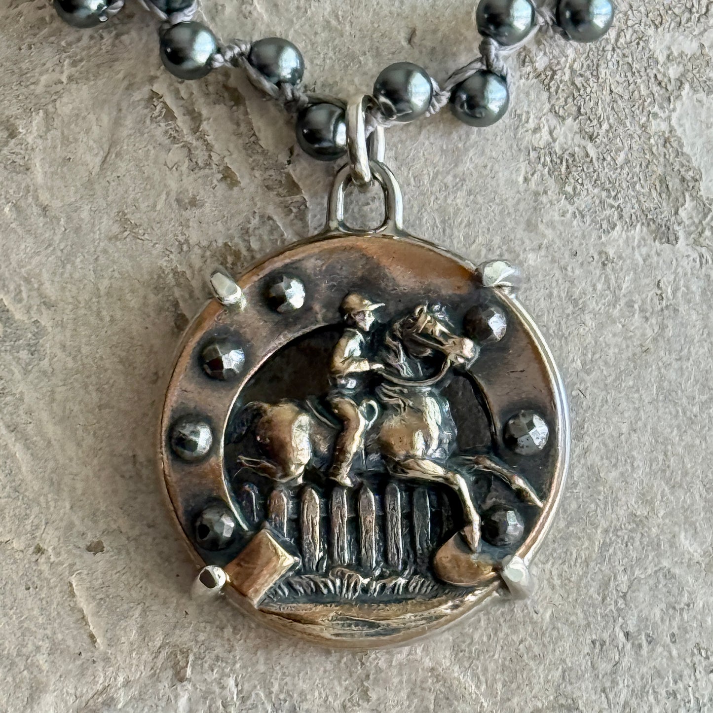 French Cutaway Brass Horse Button Necklace