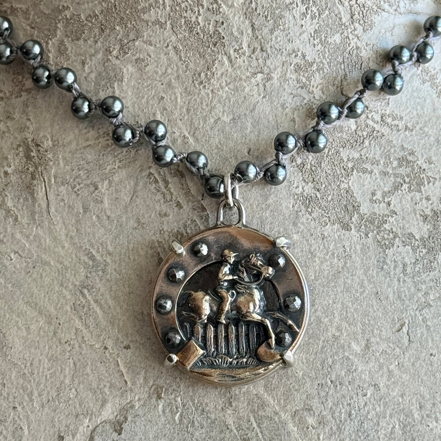 French Cutaway Brass Horse Button Necklace