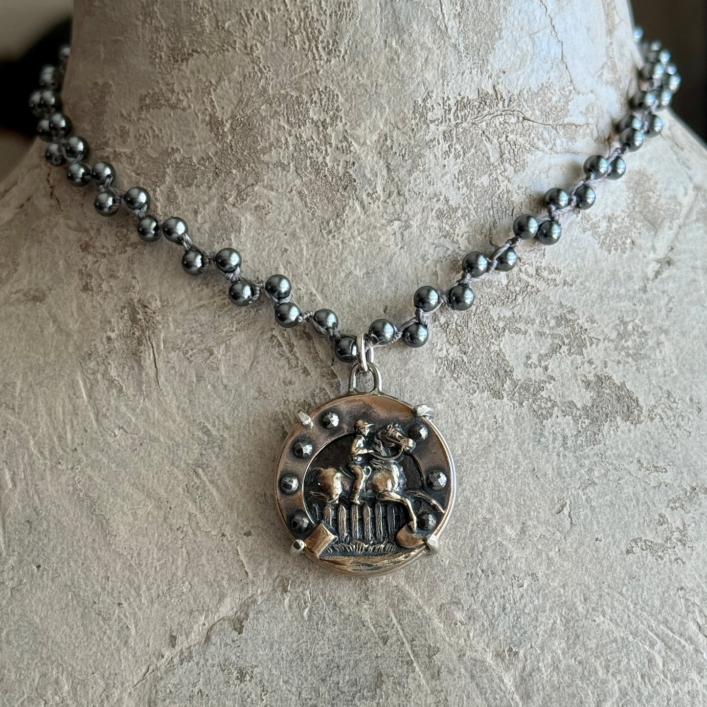 French Cutaway Brass Horse Button Necklace