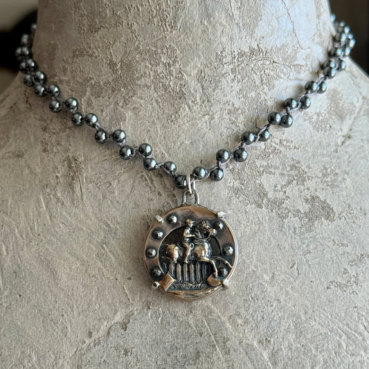 French Cutaway Brass Horse Button Necklace