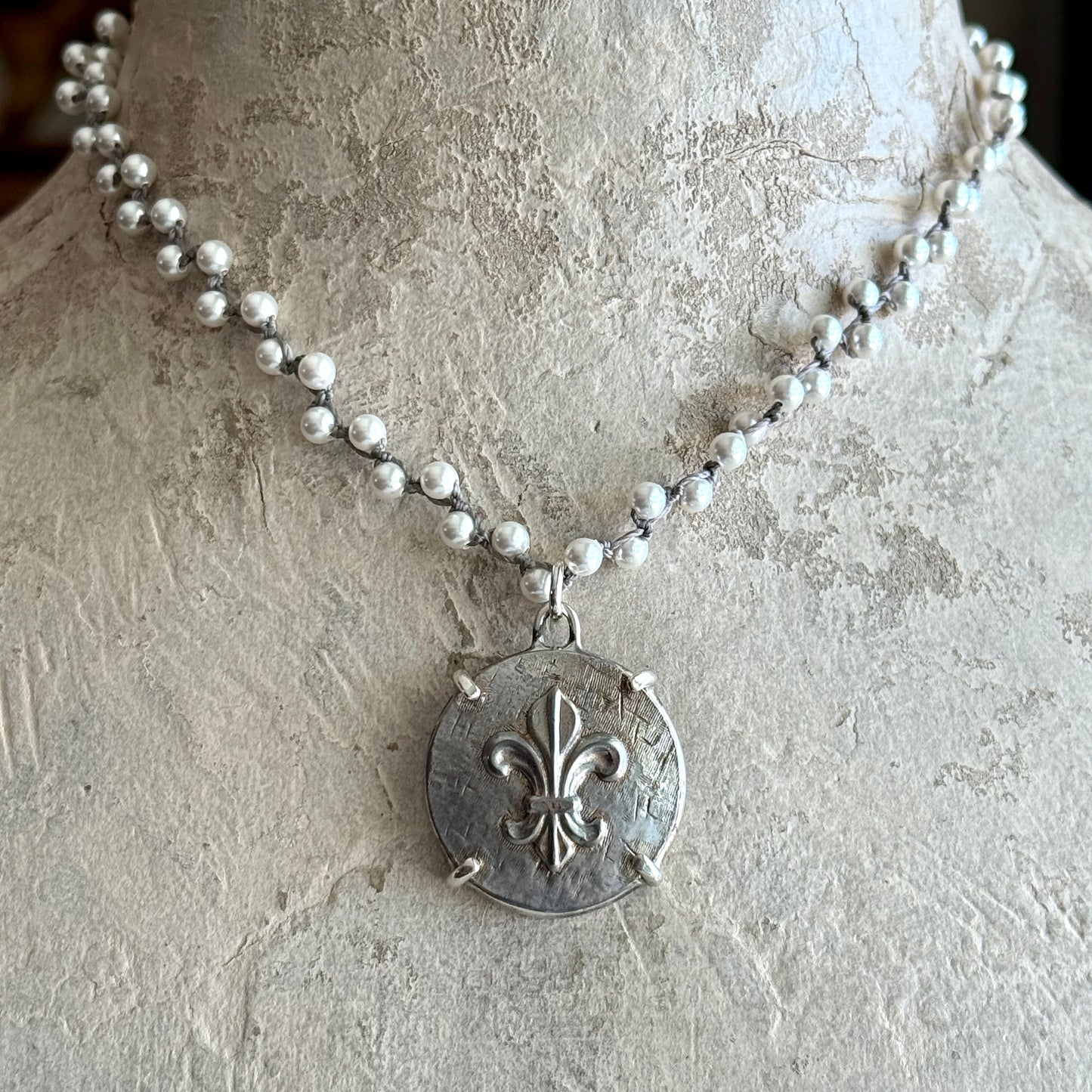 Pewter Fleur de Lis Button Necklace