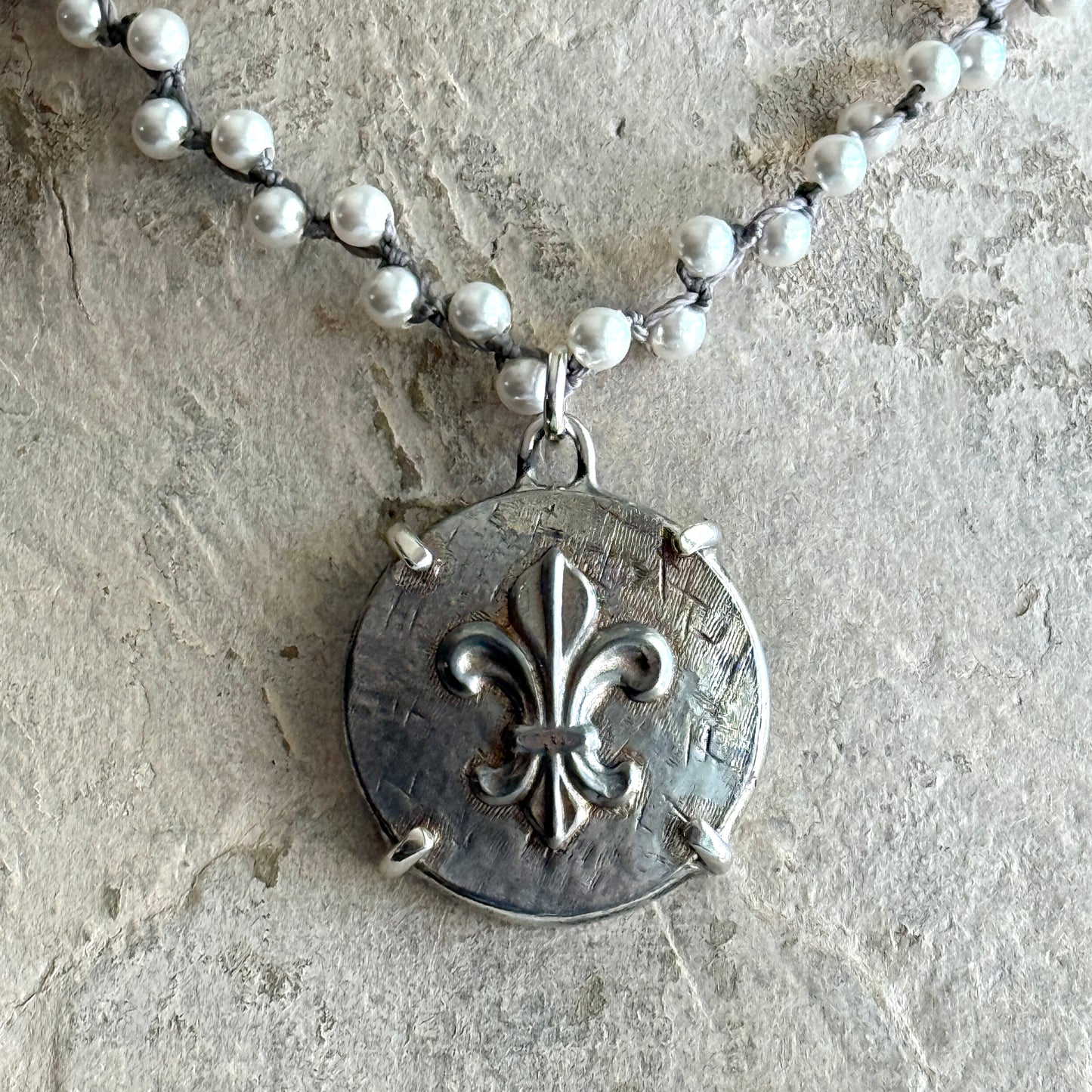Pewter Fleur de Lis Button Necklace