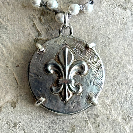 Pewter Fleur de Lis Button Necklace