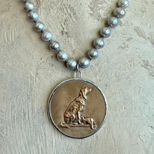 Bronze Retriever Dog Medal on Pearl Necklace