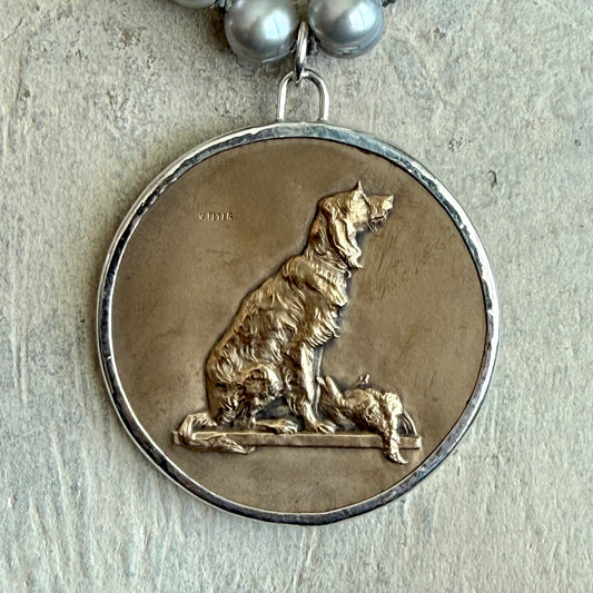 Bronze Retriever Dog Medal on Pearl Necklace