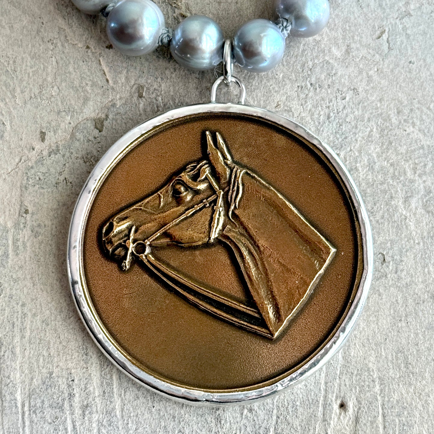 Bronze Horse Show Medal on White Pearl Necklace