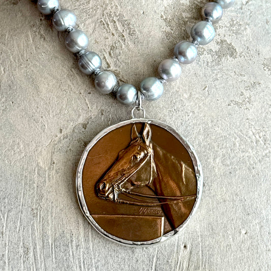 Bronze Hunter Horse Show Medal on White Pearl Necklace