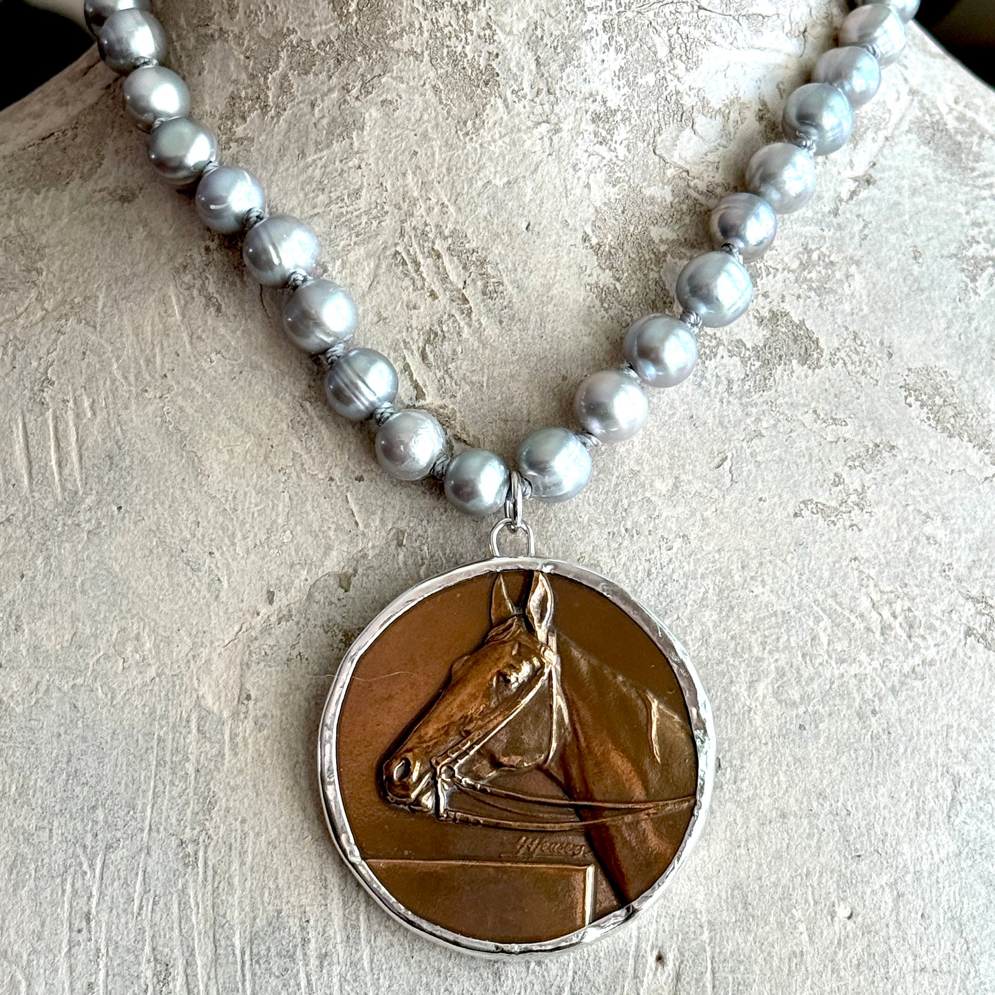 Bronze Hunter Horse Show Medal on White Pearl Necklace