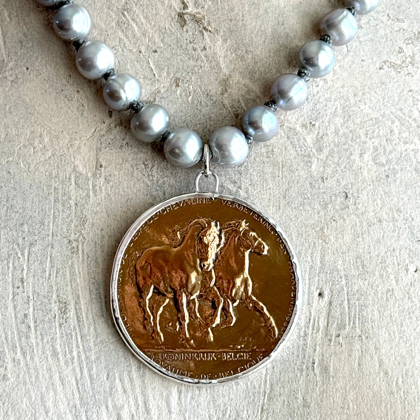 1919 Luxembourg Galloping Belgians Horse Show Medal on Pearl Necklace