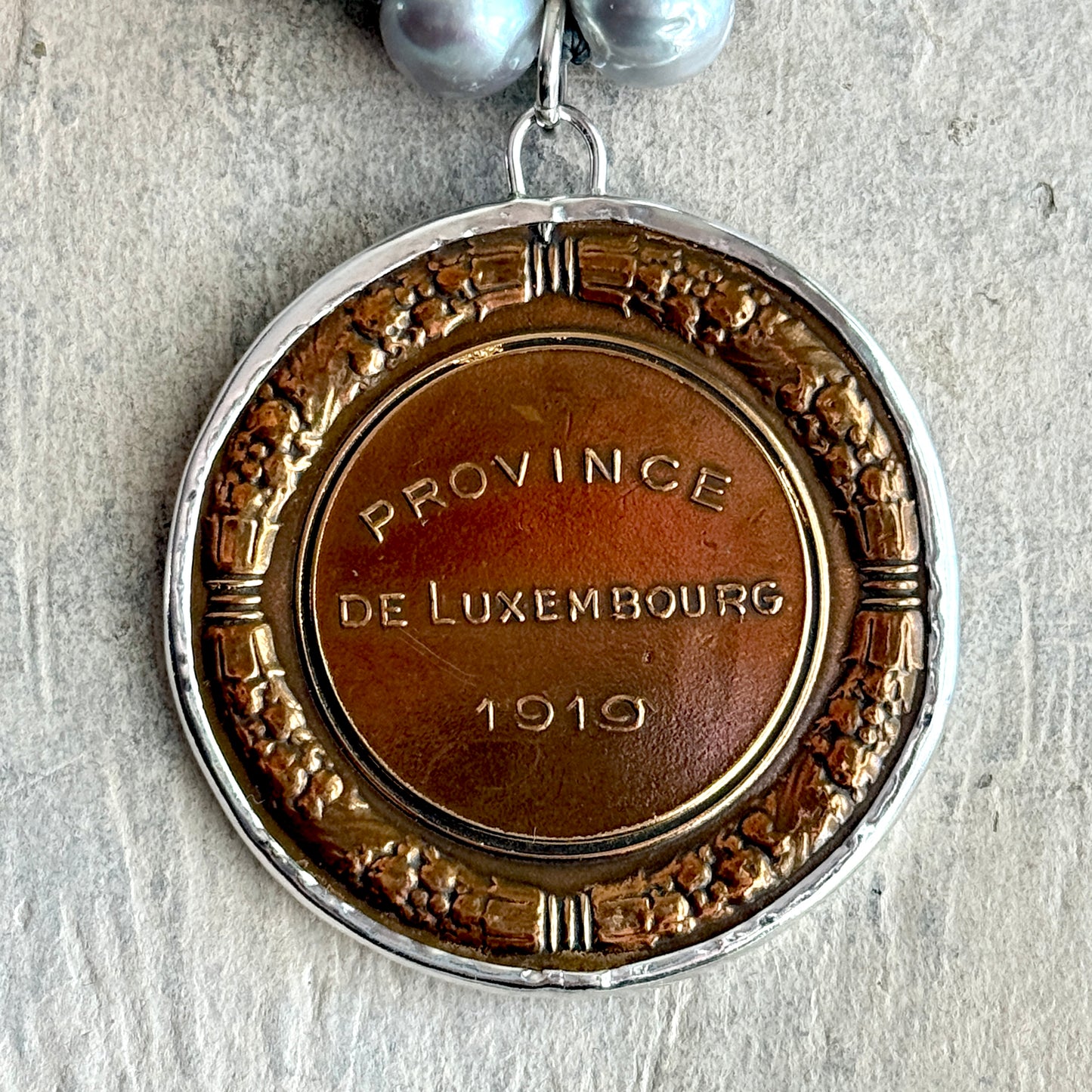 1919 Luxembourg Galloping Belgians Horse Show Medal on Pearl Necklace