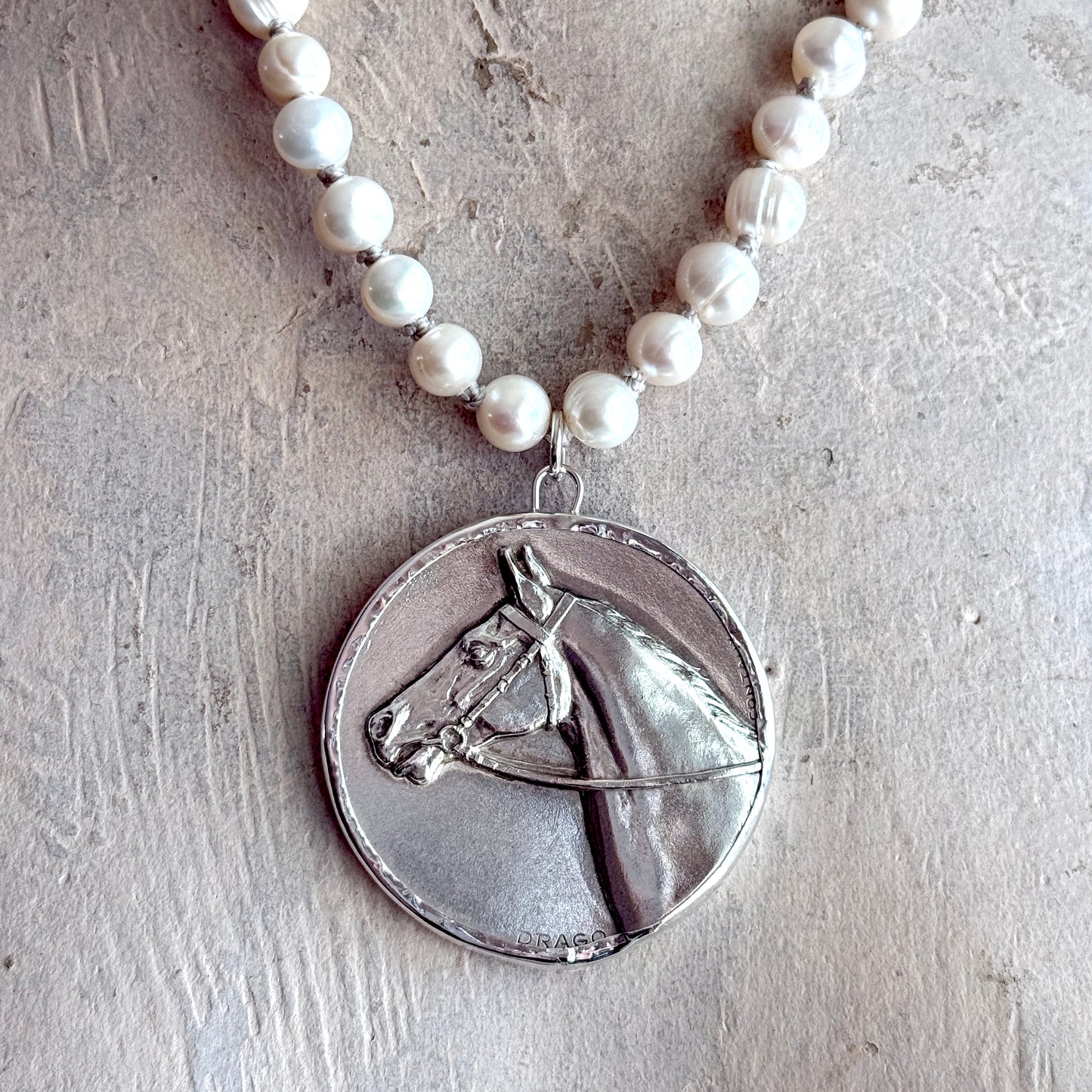 Silvered Horse Show Medal on White Pearl Necklace