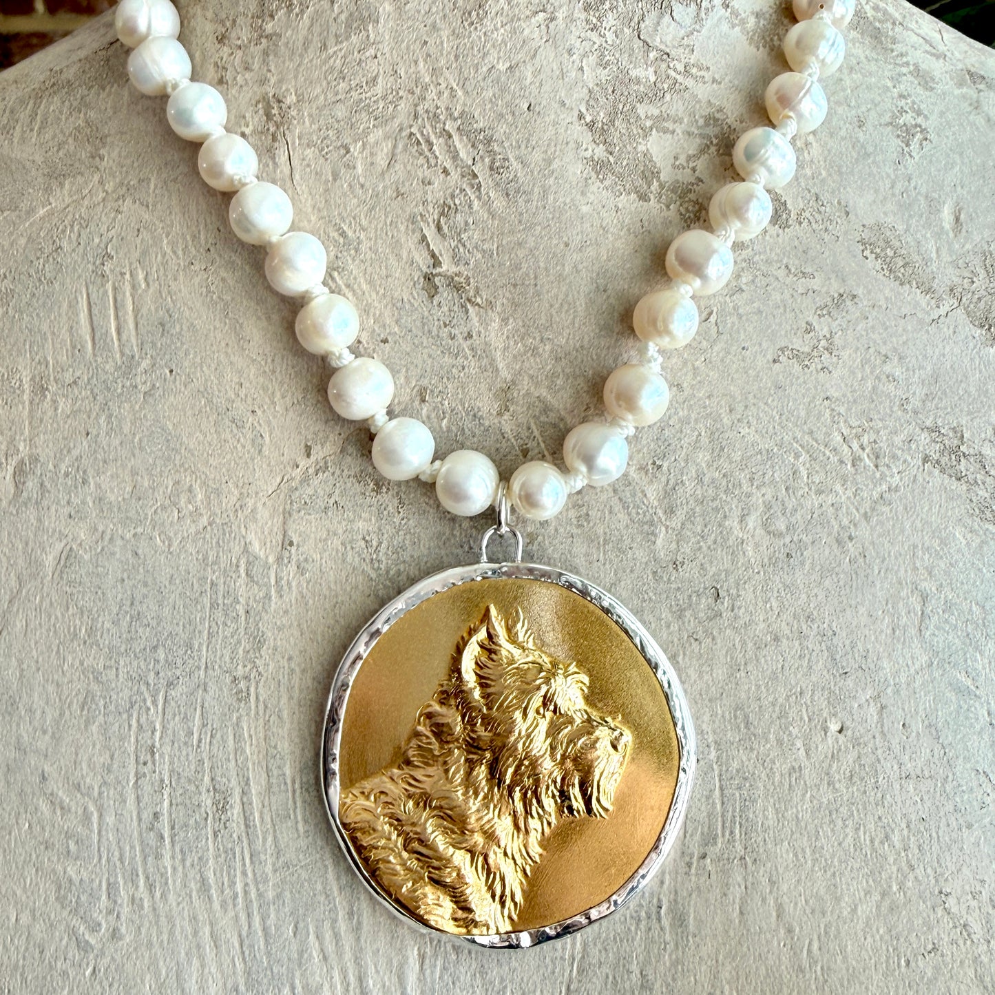 Gilded Dog Medal on White Pearl Necklace