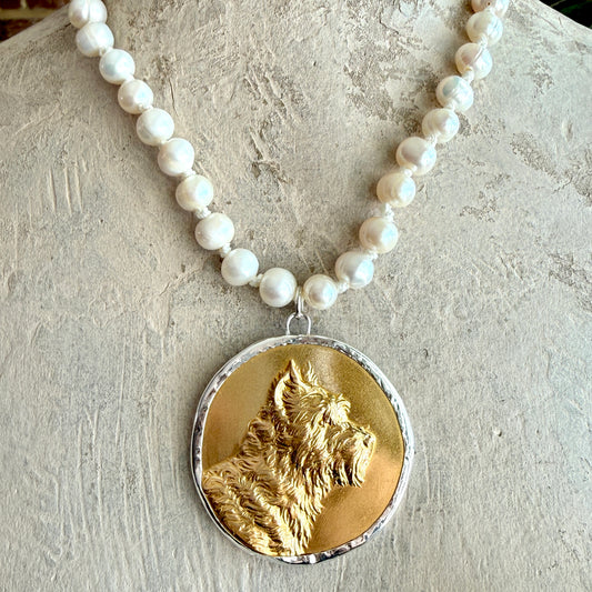 Gilded Dog Medal on White Pearl Necklace