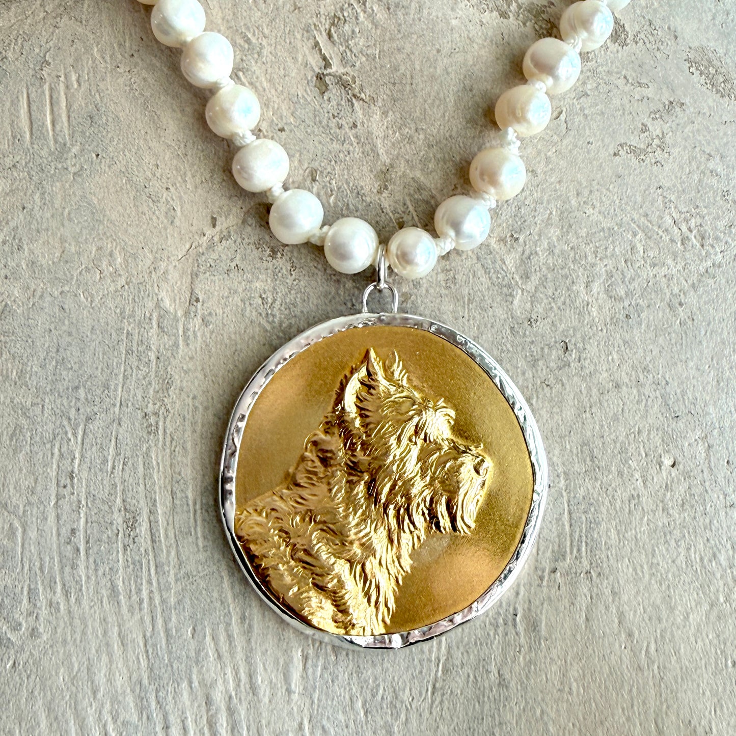 Gilded Dog Medal on White Pearl Necklace