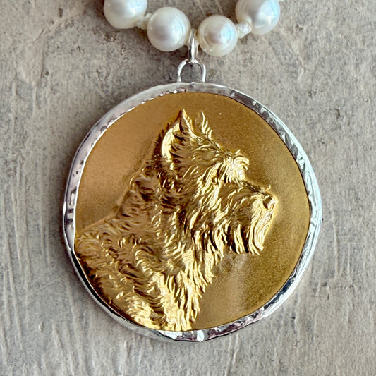 Gilded Dog Medal on White Pearl Necklace