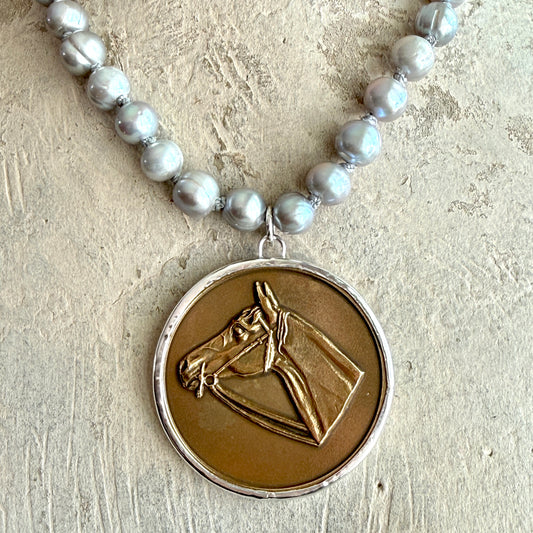 Bronze Horse Show Medal on White Pearl Necklace