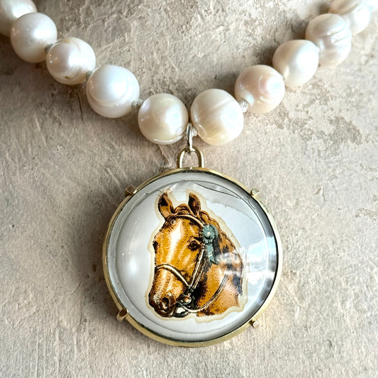 Vintage Horse Head Bridle Rosette on Pearl Necklace