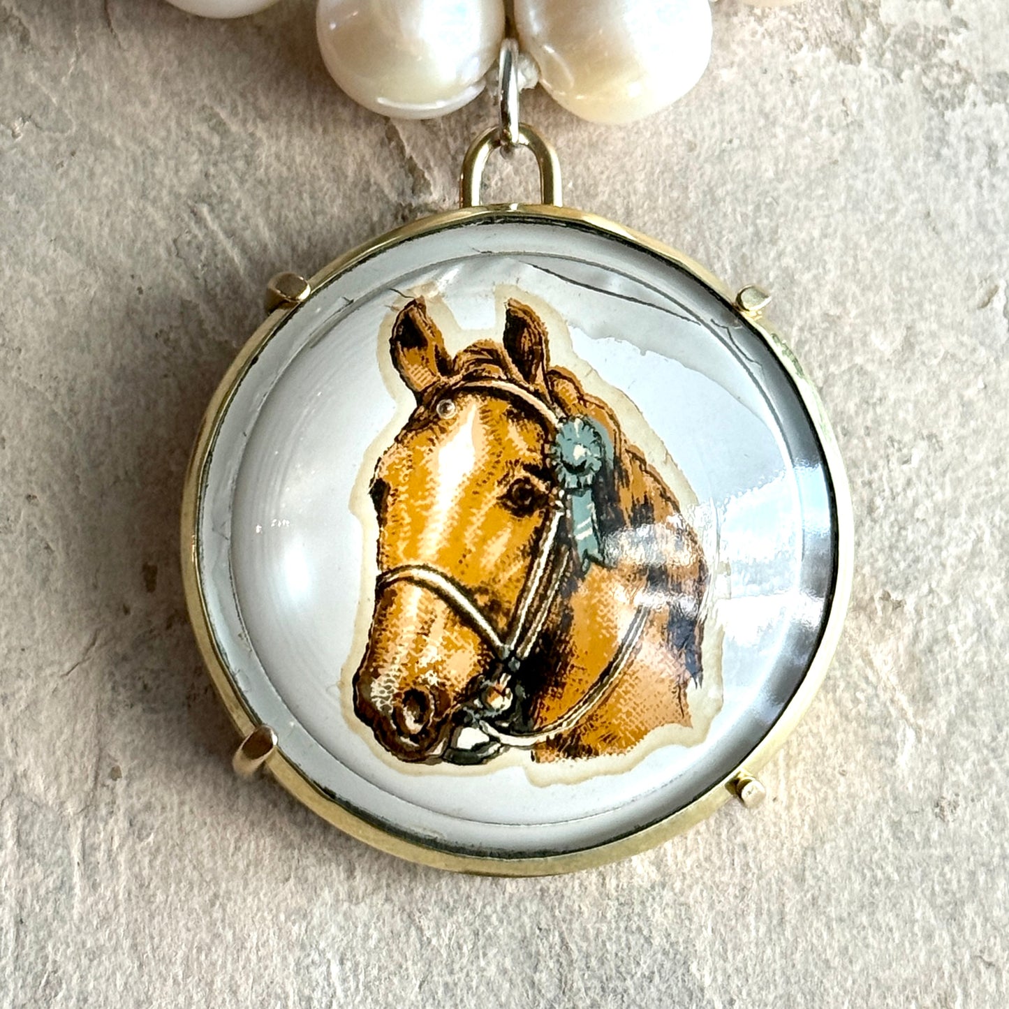 Vintage Horse Head Bridle Rosette on Pearl Necklace
