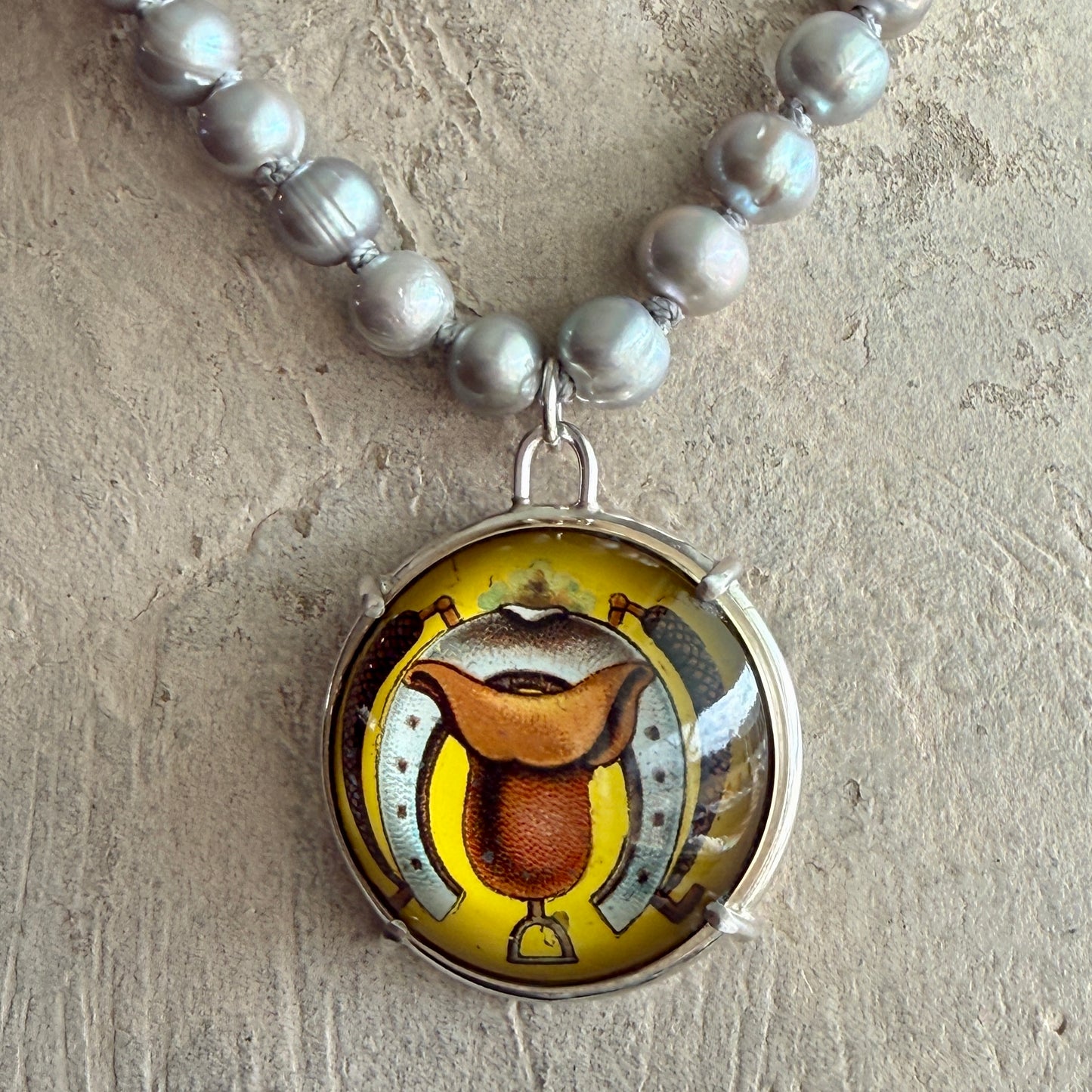 Vintage Yellow Horse Bridle Rosette on Pearl Necklace