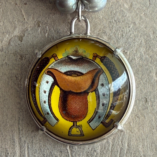 Vintage Yellow Horse Bridle Rosette on Pearl Necklace