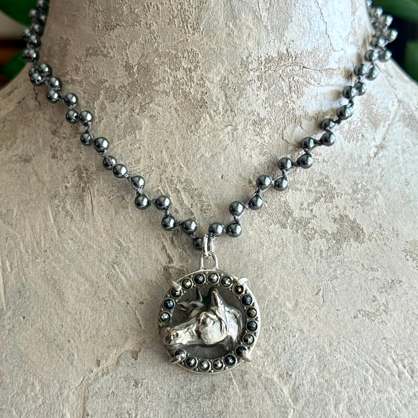 Large Cut Steel and Horse Head Button Necklace
